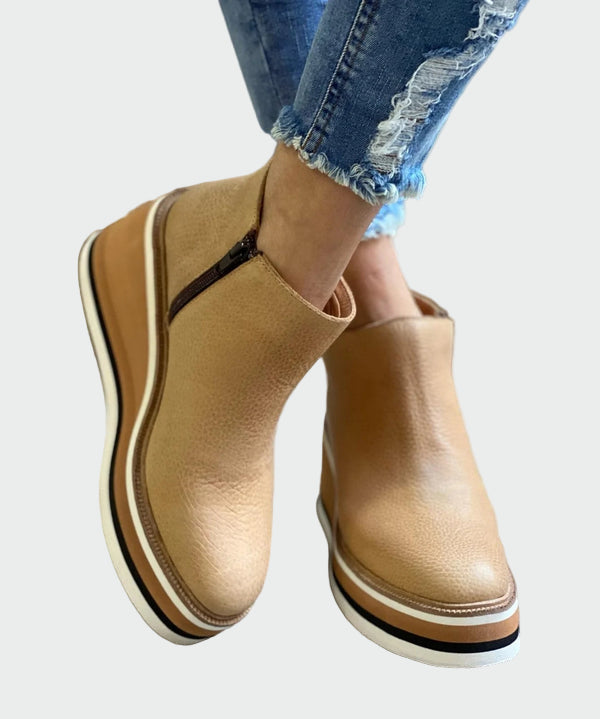 Celia | Elegantes Botines Camel De Cuero Con Plataforma